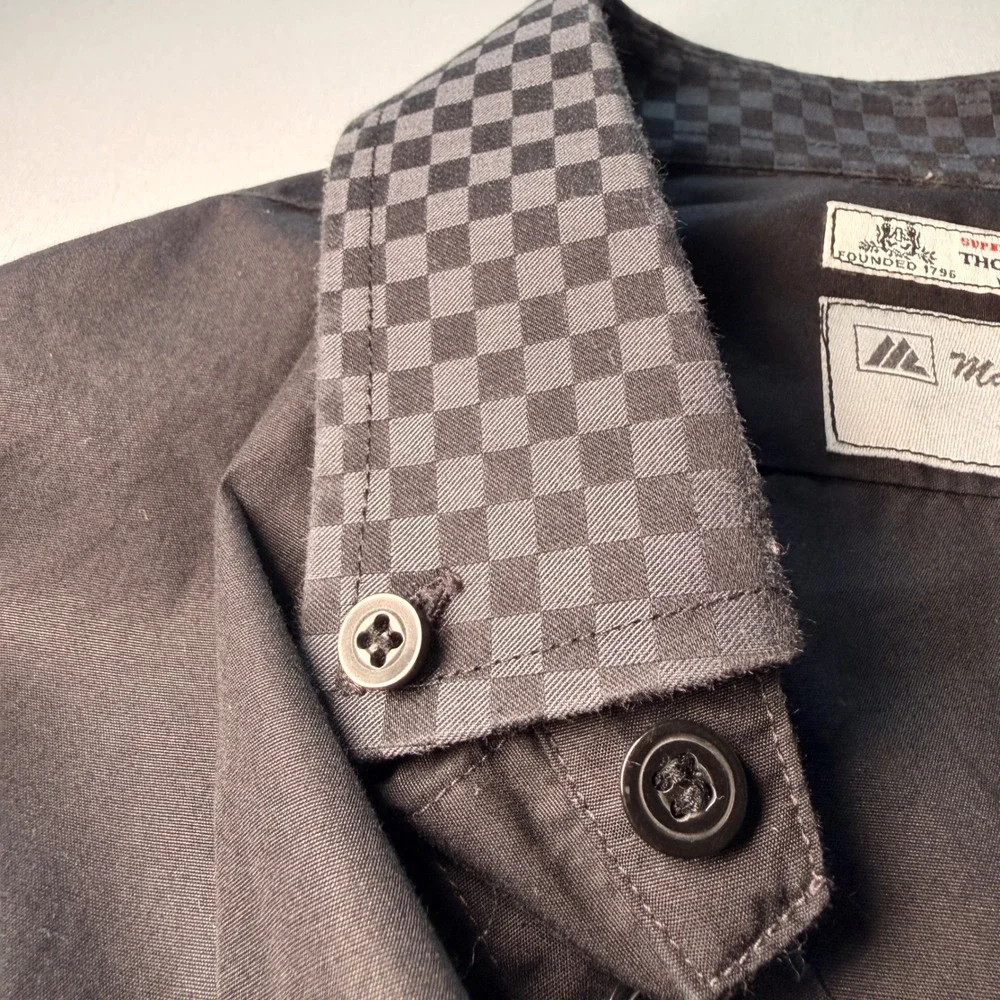 Master Cut Thomas Mason Shirt Mens XL Black Italian Fabric Checkered Trim Luxury